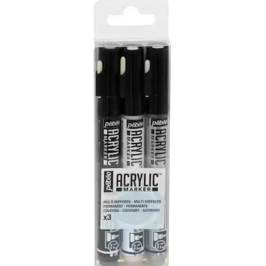 Pébéo 1.2mm Acrylic™ Marker Set, Black, White & Silver