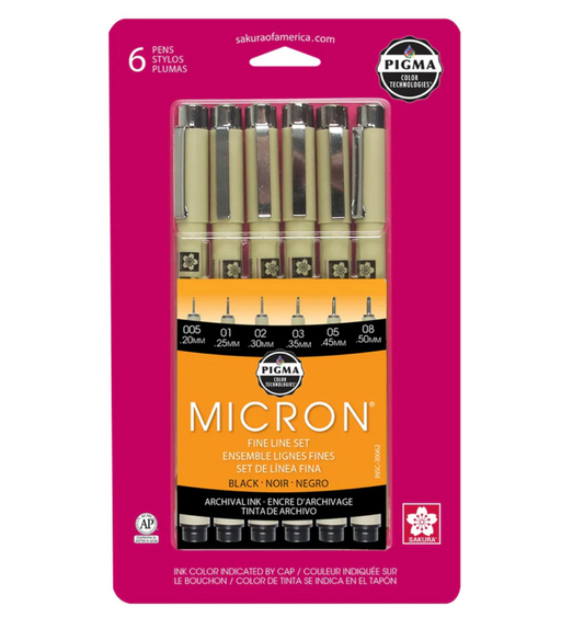 Sakura Pigma Micron Design Pens - #005, #01, #02, #03, #05, #08 - Black - Set of 6