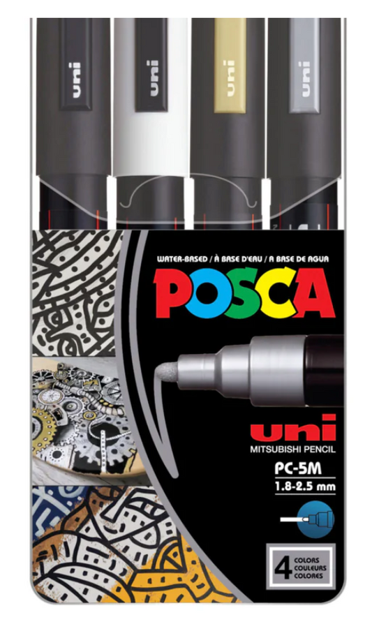 Posca PC-5M Water-Based Paint Markers - Reversible Medium Tip (1.8-2.5mm) - Assorted Colors - 4 Pack