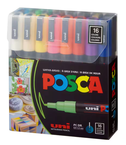 Uni Posca PC-3M 16 Color Fine Tip Paint Marker Set - assorted colours