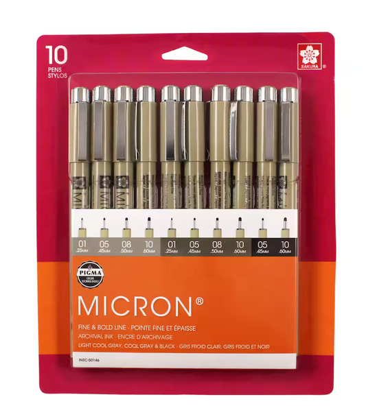 Pigma® Micron™ Black & Gray 10 Piece Fine & Bold Line Pen Set - Sakura