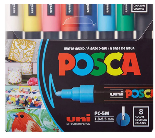 Posca PC-5M Water-Based Paint Markers - Reversible Medium Tip (1.8-2.5mm) - Assorted Colors - 8 Pack